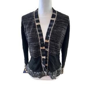 Vintage Staley Gretzinger Hand Knit Wool Mixed Media Cardigan Sweater Black